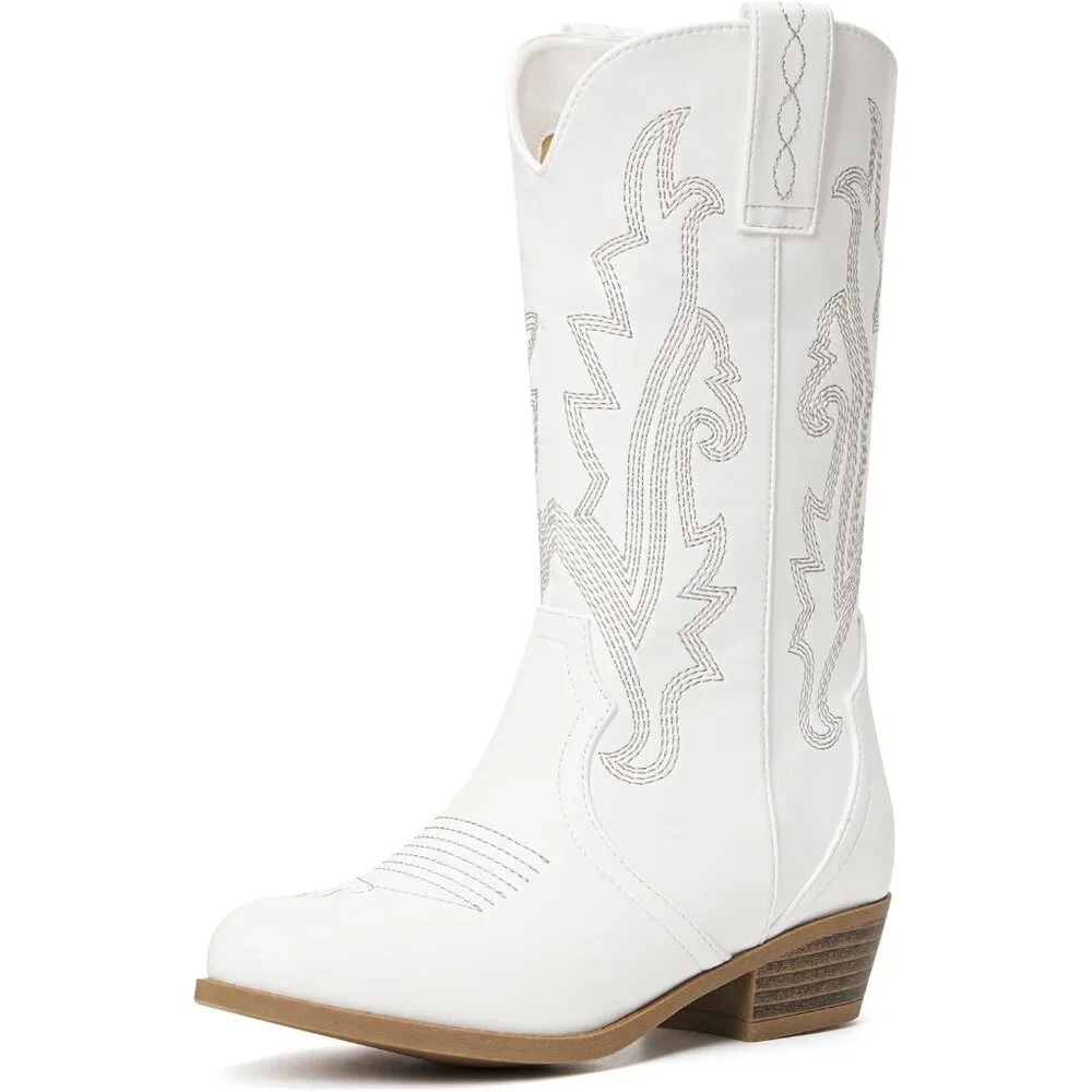 ⚡Girls White Kids Western Boots Embroidered Cowgirl Boots Riding Shoes Mid Calf